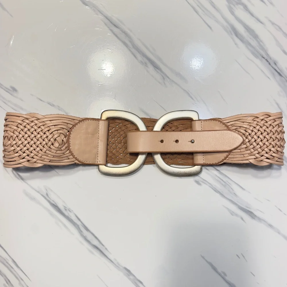 Linea Pelle Braided Leather Belt in Light Tan with Gold Buckles